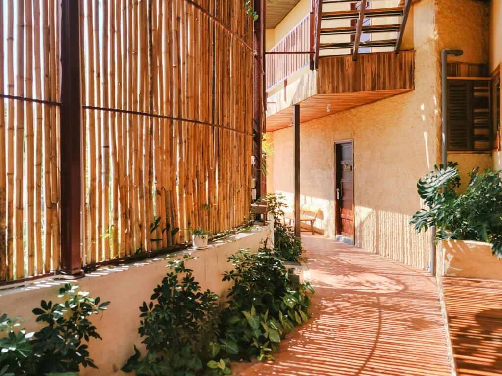 Warm sunlit corridor with bamboo fencing and green foliage, evoking a serene and inviting atmosphere.